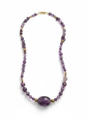 Handmade Genuine Amethyst Bead Necklace Large Amethyst Focal Bead Gold Accents